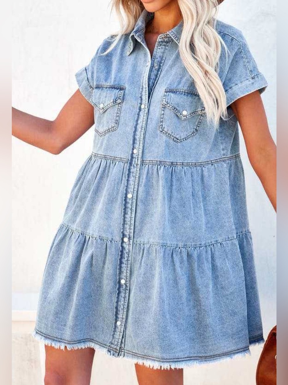 🩵 Raw Hem Button Front Denim Mini Chambray Tiered Denim Dress - Light Blue